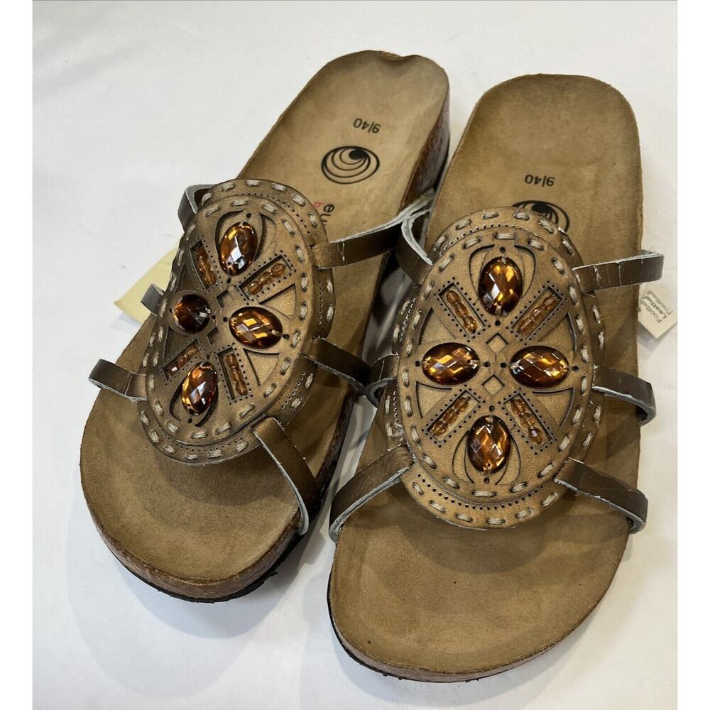 New Euro Wellness Womens 9 Promise Choclt Leather Suede Poron Rhinestone Sandals
